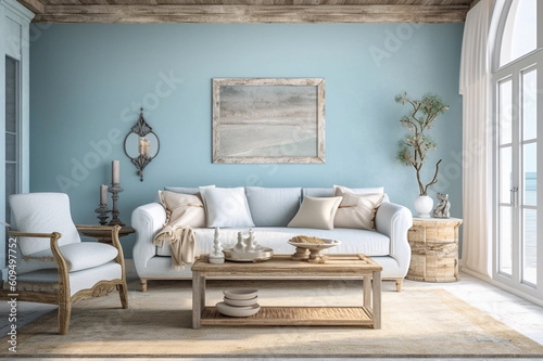 Vintage beach house wooden blue white interior. Generative AI