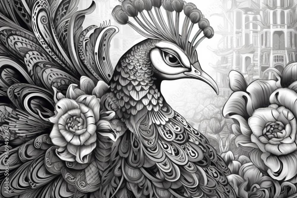 Fototapeta premium Cute peacock. Doodle style, black and white background. Funny bird, coloring book pages. Generative AI.