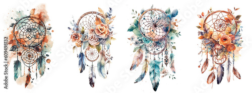 Watercolor dream catchers with flowers and feathers. Generative AI