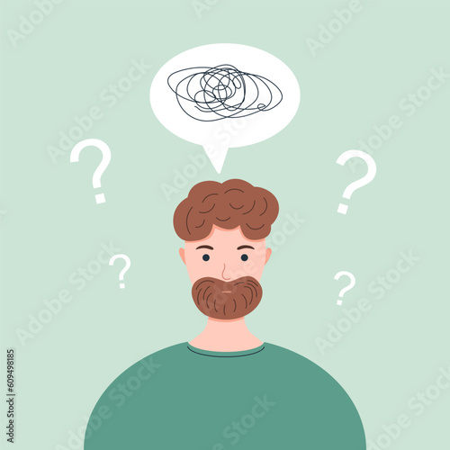 Bearded man with confused thoughts. The unhappy man has confused thinking. The depressed man has memory problems. Doubting man. Searching and thinking concept. Concept of mental disorder or illness