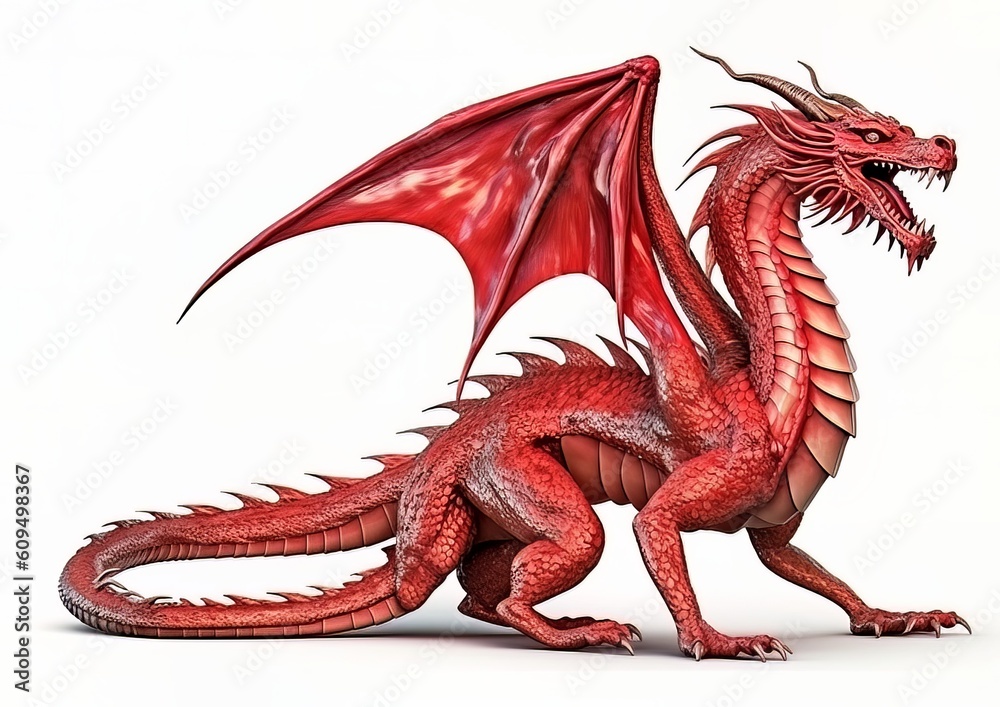 A red dragon standing isolated on a white background with wings spread. Generative AI artwork. A red dragon standing isolated on a white background with wings spread. Generative AI artwork.