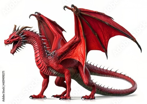A red dragon standing isolated on a white background with wings spread. Generative AI artwork.