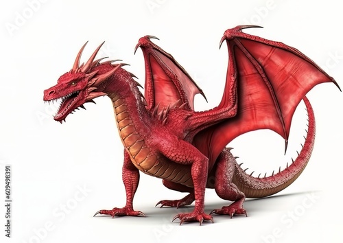 A red dragon standing isolated on a white background with wings spread. Generative AI artwork.