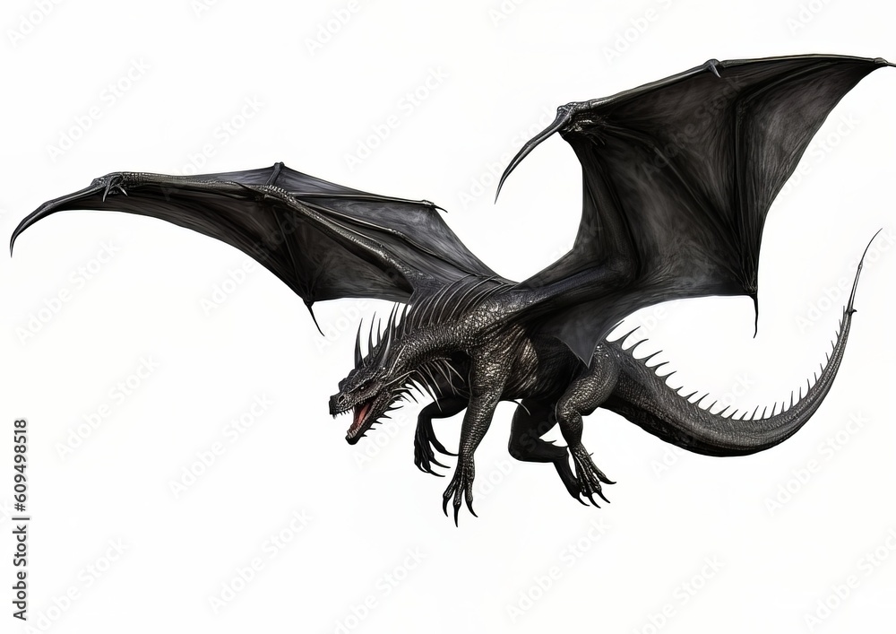 Fototapeta premium Black dragon flying with wings spread on a white isolated background.