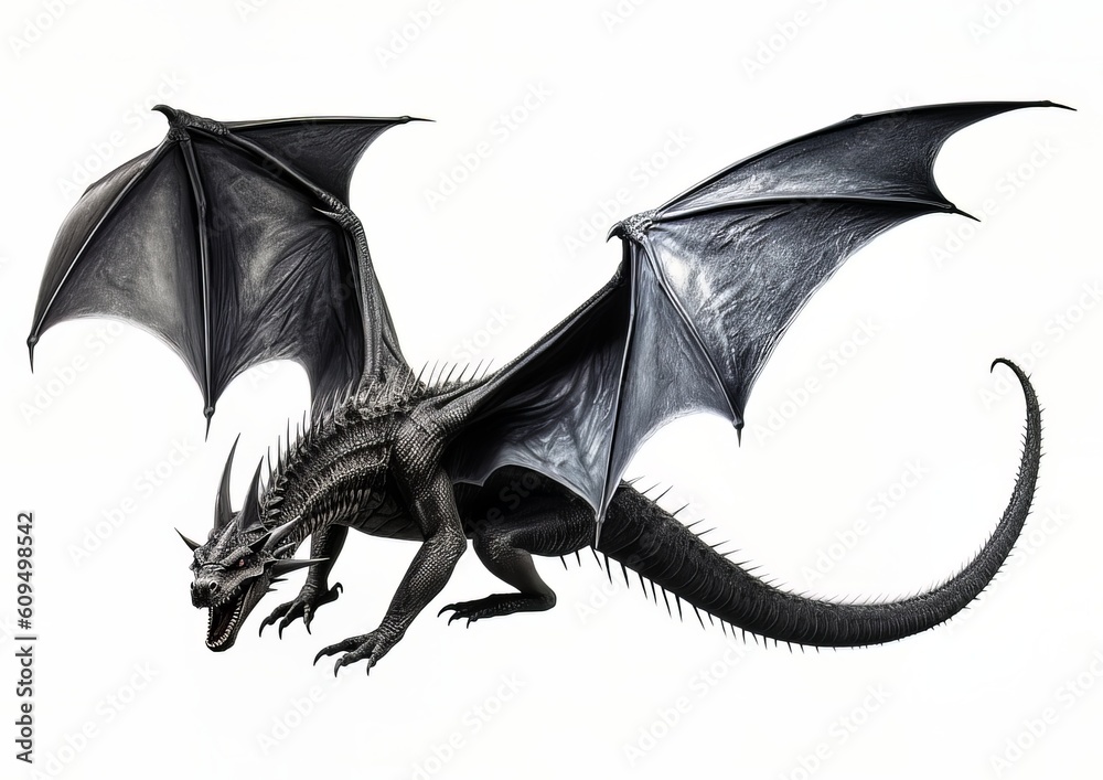 Fototapeta premium Black dragon flying with wings spread on a white isolated background.