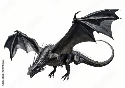 Black dragon flying with wings spread on a white isolated background. © Mike Schiano