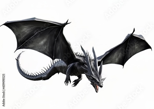 Black dragon flying with wings spread on a white isolated background.