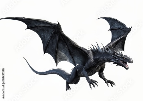 Black dragon flying with wings spread on a white isolated background.