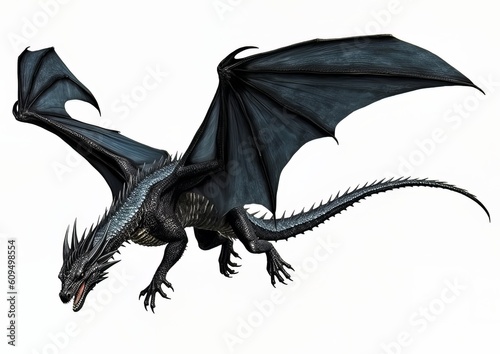 Black dragon flying with wings spread on a white isolated background.