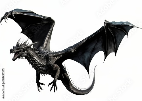 Black dragon flying with wings spread on a white isolated background.