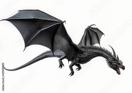 Black dragon flying with wings spread on a white isolated background.