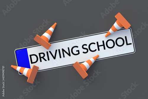 Driving school inscription on car license plate near road cones. Traffic laws. Driving courses. Top view. 3d render
