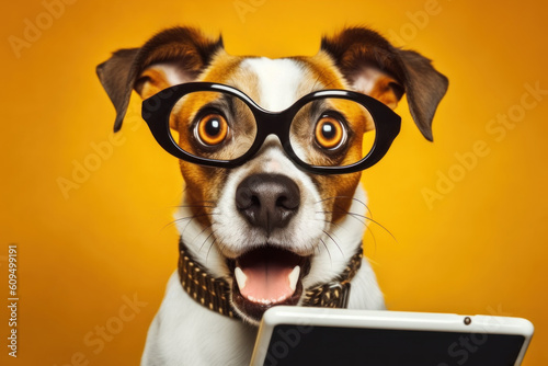 Surprised shocked dog in glasses holding digital tablet, over orange background, studio portrait. AI generative © paffy