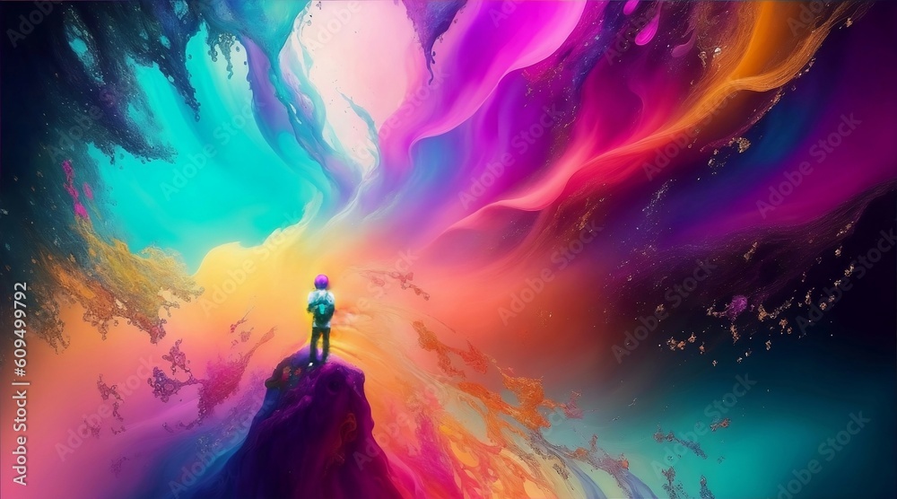 Fototapeta premium An explorer in a dream observing an explosion of colors. 