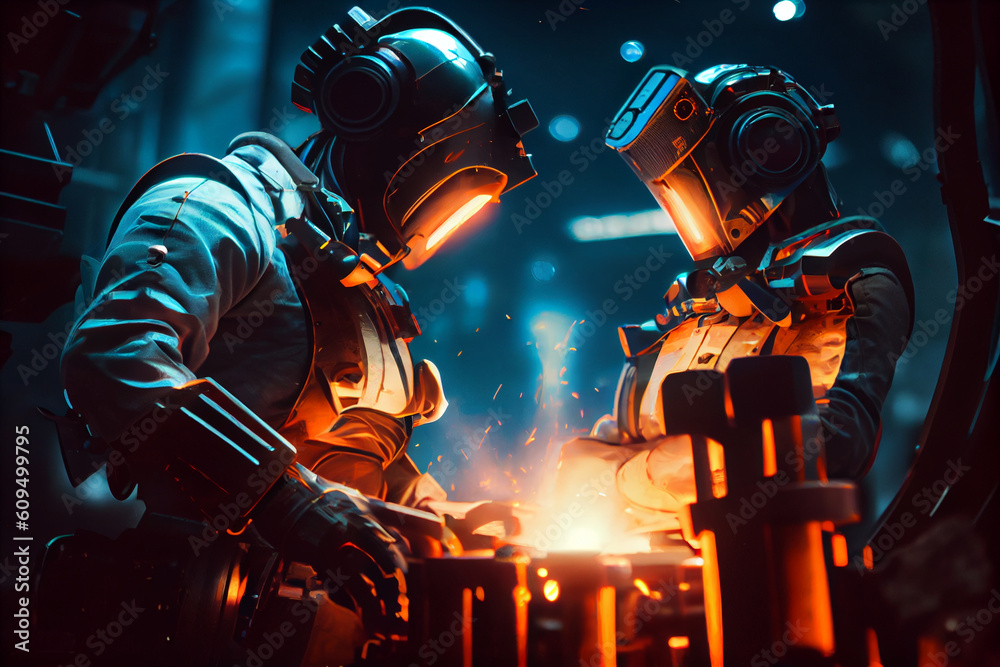 Workers wearing industrial uniforms and Welded Iron Mask at Steel welding plants, industrial safety first concept. High quality illustration Workers wearing industrial uniforms and Welded Iron Mask at Steel welding plants, industrial safety first concept. High quality illustration