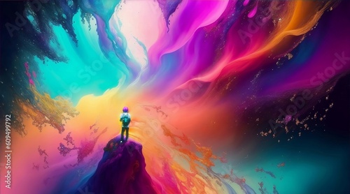 An explorer in a dream observing an explosion of colors. 
