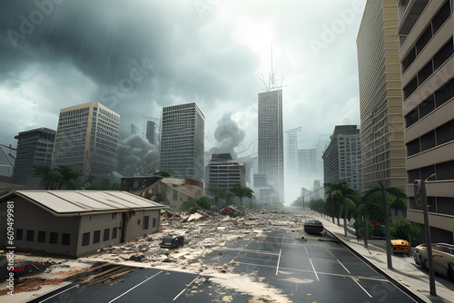 Consequences of a hurricane that passed through the city. An earthquake destroyed the city. Apocalypse. Destruction. generative AI