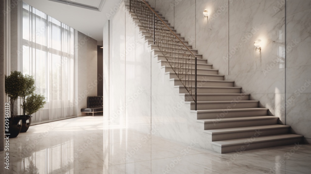 Luxury, modern marble carrara stairway in modern office or apartment. Big, open, and high space of corridor, hallway. Created with generative AI Luxury, modern marble carrara stairway in modern office or apartment. Big, open, and high space of corridor, hallway. Created with generative AI
