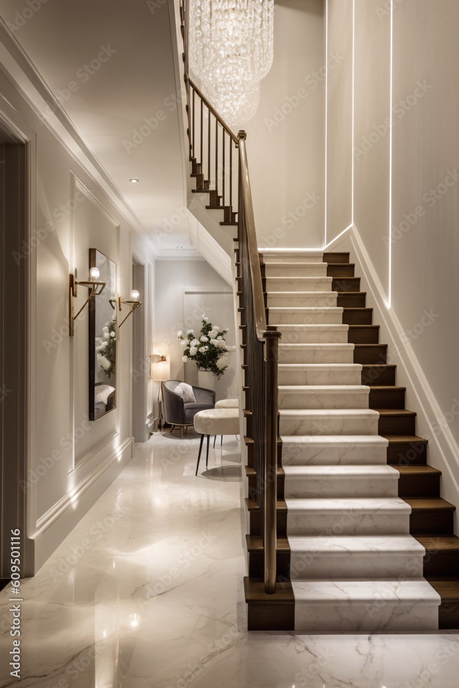Obraz premium Luxury living room interior design in classic style with marble carrara tiles, dark and white stairs. Apartment or hotel concept. Created with generative AI