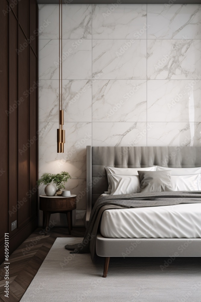 Luxury bedroom interior design with modern white marble carrara walls
