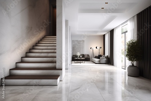 Interior of modern luxury house, living room with white walls and marble carrara floor. Created with generative AI