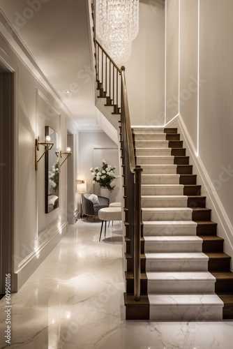 Luxury living room interior design in classic style with marble carrara tiles  dark and white stairs. Apartment or hotel concept. Created with generative AI