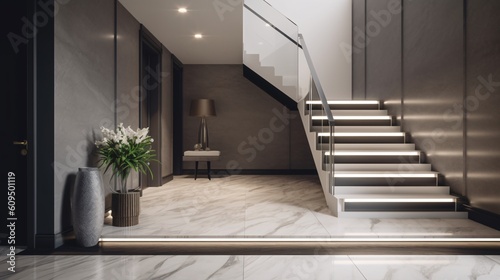 Interior of modern luxury hotel room or apartment with stairway. Led lights. Marble carrara tiles. Created with generative AI
