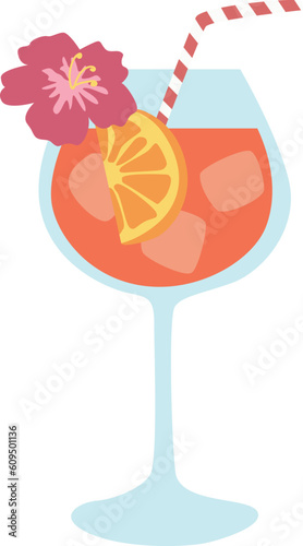 Summer alcohol cocktail with tropical flower and ice cubes.