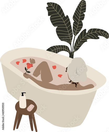 Woman taking bath. Beauty spa procedures. Relax time. 