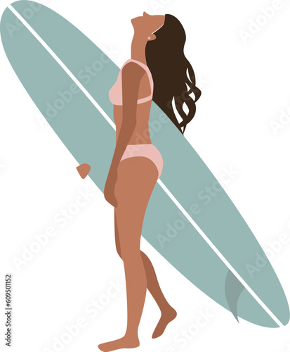 Surfer woman with a surfboard. Beach resort.