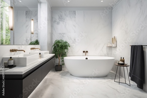 Interior of modern bathroom with white marble carrara walls, tiled floor, comfortable white bathtub and toilet. Created with generative AI