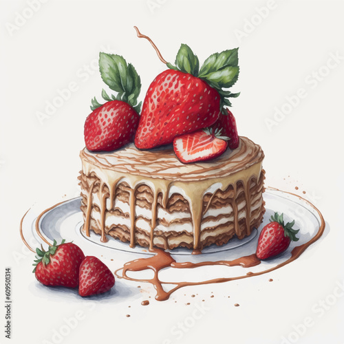 Tiramisu watercolor with strawberries white background