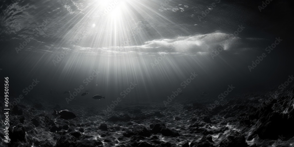 Black and white underwater landscape, ocean scene, seascape, Generative AI