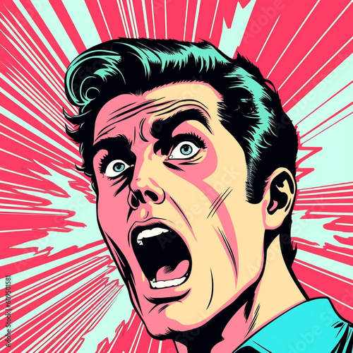 Pop Art style comic book panel with terrified man in a panic screaming in fear vector poster design illustration,  Created using generative AI tools.