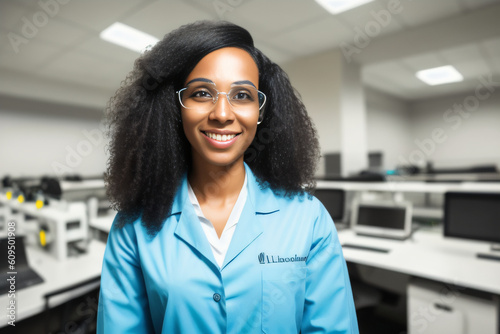 A female scientist in a lab coat stands in a laboratory filled with scientific equipment. Black woman, science, work concept created with generative AI.