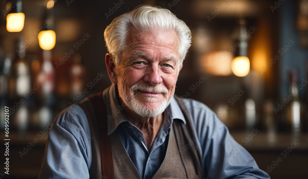 Close up of an old white male bartender standing behind a bar counter. Age, hospitality, bartender concept created with generative AI.
