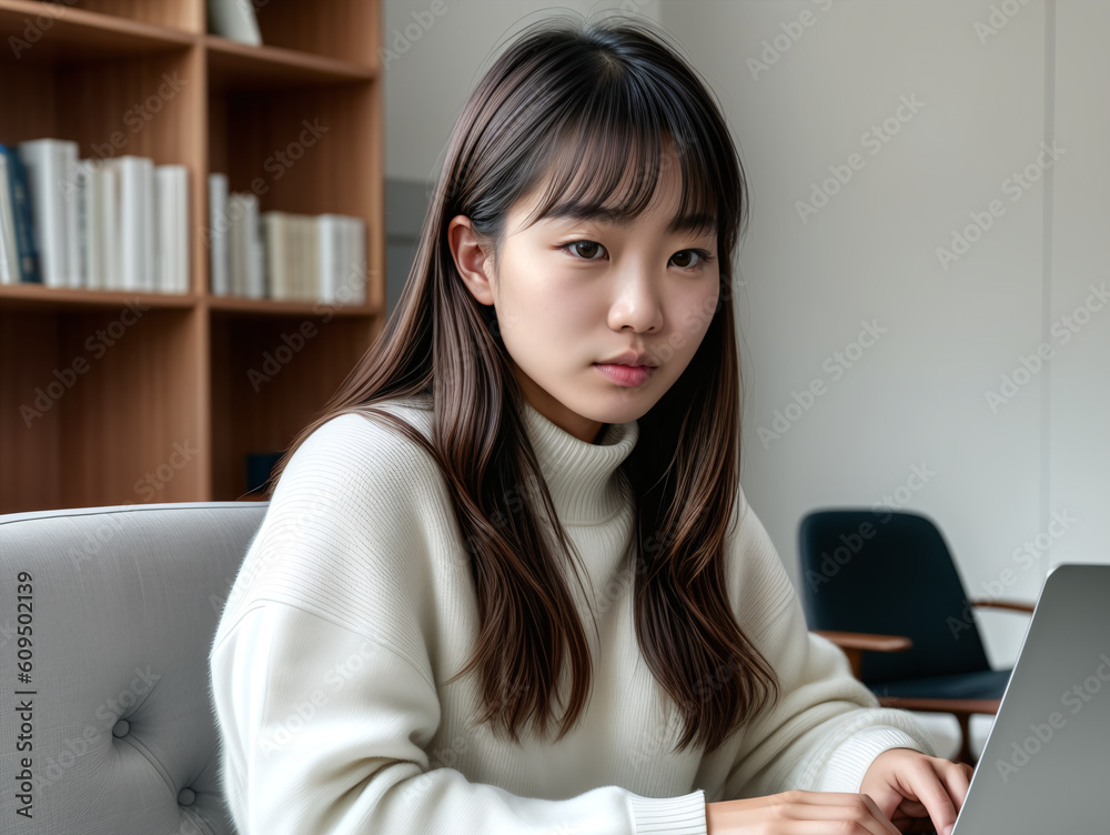 Asian teenage girl working on laptop in her room, digital skills, youth lifestyle concept created with generative AI. Asian teenage girl working on laptop in her room, digital skills, youth lifestyle concept created with generative AI.