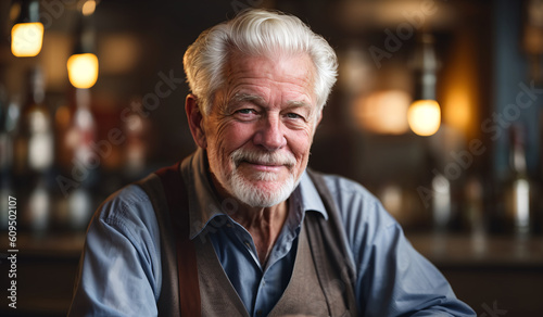 Close up of an old white male bartender standing behind a bar counter. Age, hospitality, bartender concept created with generative AI.