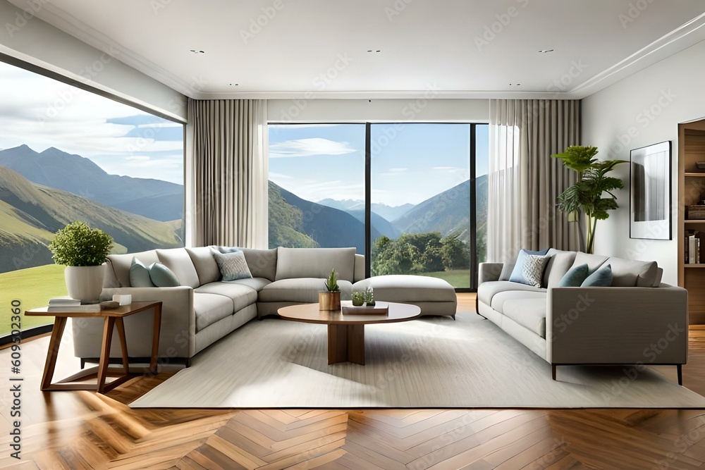 Comfortable and casual living room interior design with a large sectional, natural wood accents, and indoor plants, AI Generative Comfortable and casual living room interior design with a large sectional, natural wood accents, and indoor plants, AI Generative