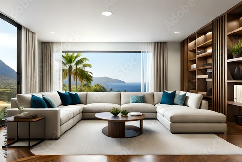 Comfortable and casual living room interior design with a large sectional, natural wood accents, and indoor plants, AI Generative