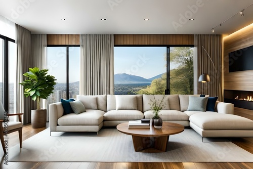 Comfortable and casual living room interior design with a large sectional, natural wood accents, and indoor plants, AI Generative