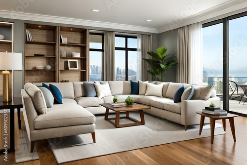 Comfortable and casual living room interior design with a large sectional  natural wood accents  and indoor plants  AI Generative