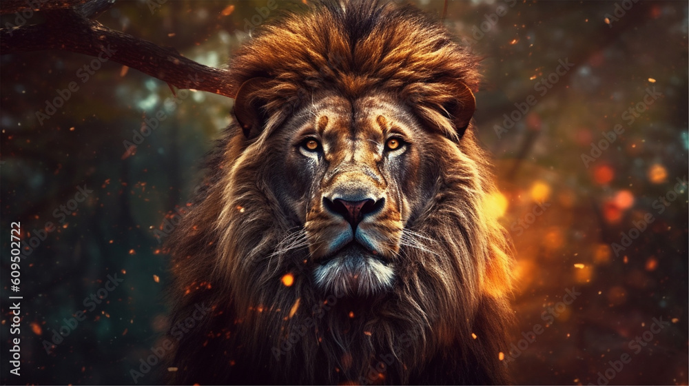 a big lion looking forward, fire in the air, generative ai