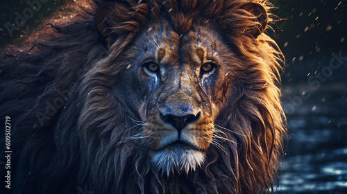 a big lion looking forward, blue background, generative ai