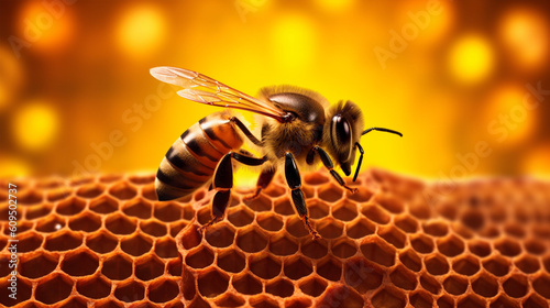 bee on top of orange colored honeycomb, generative ai