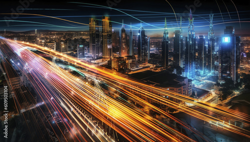 Smart digital city with high speed light trail of cars of digital data transfer. Generative AI.