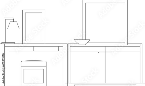 Sketch vector illustration of office employee desk work area side view