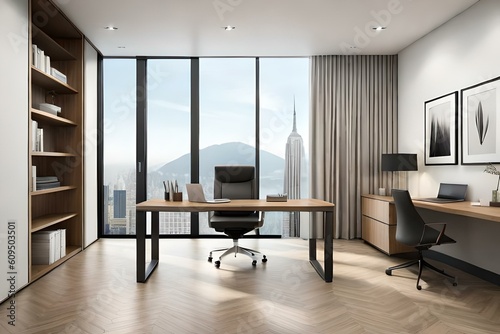 sleek and minimalist home office setup with a sleek desk  ergonomic chair  minimalist decor  and ample natural light  offering a functional and aesthetic workspace  AI Generative
