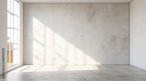 A empty concrete room with sunlight shining through a large window