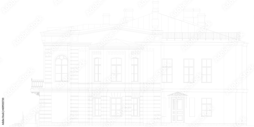 Sketch vector illustration of colonial vintage antique classic villa with big pillars